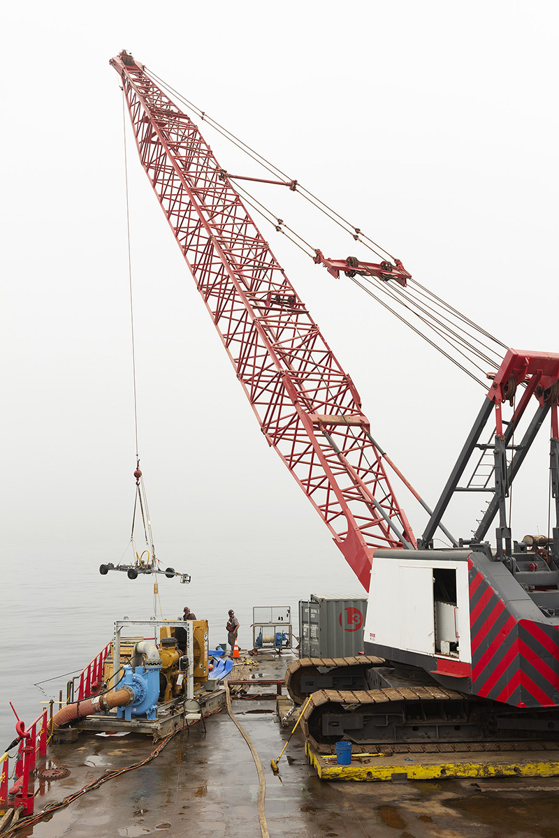 construction video documentation of a crane on a barge for an offshore installation in Los Angeles