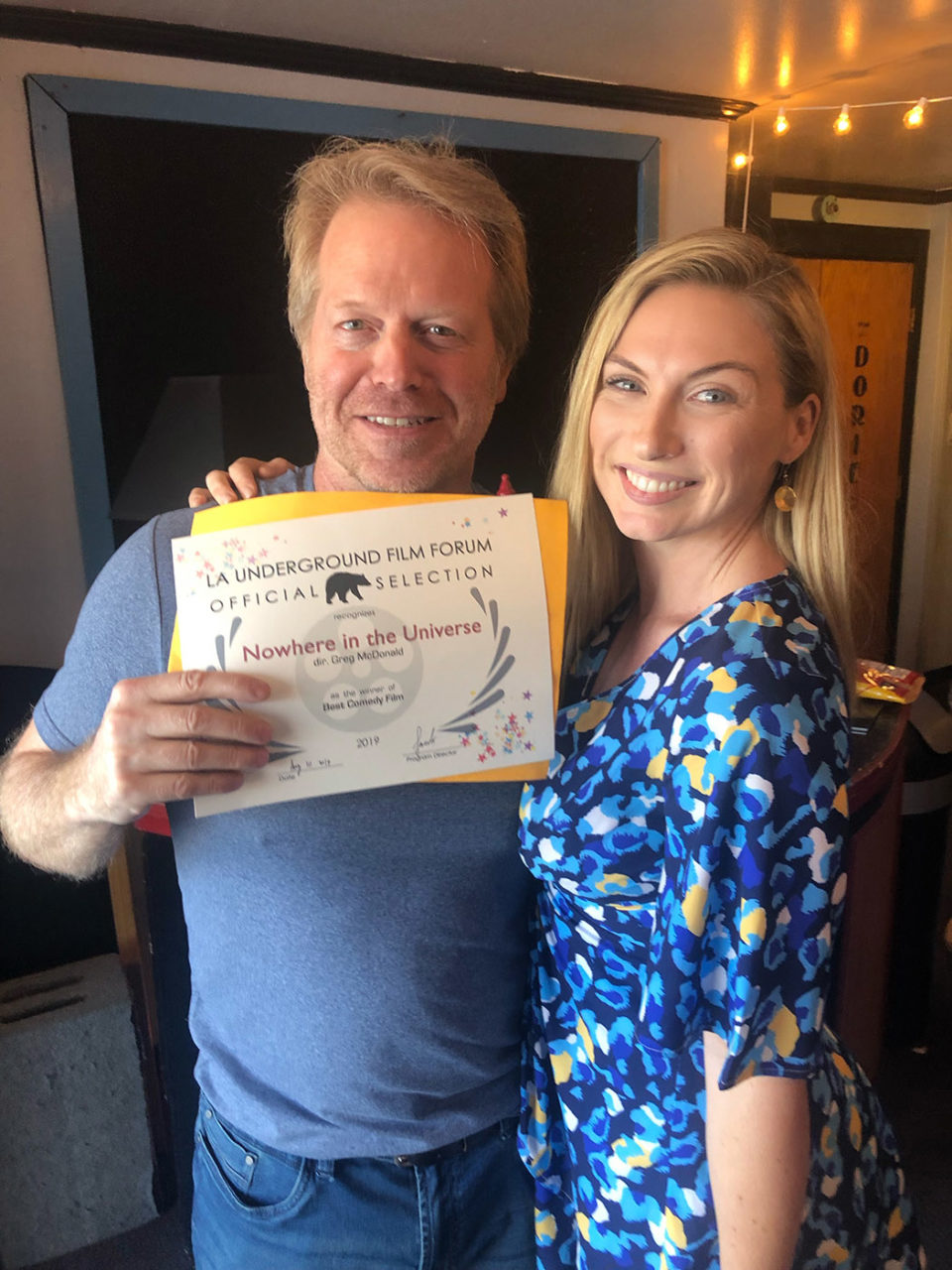 Director Greg McDonald and actress Kaitlyn Clare winning Best Comedy Film and Audience Choice Award