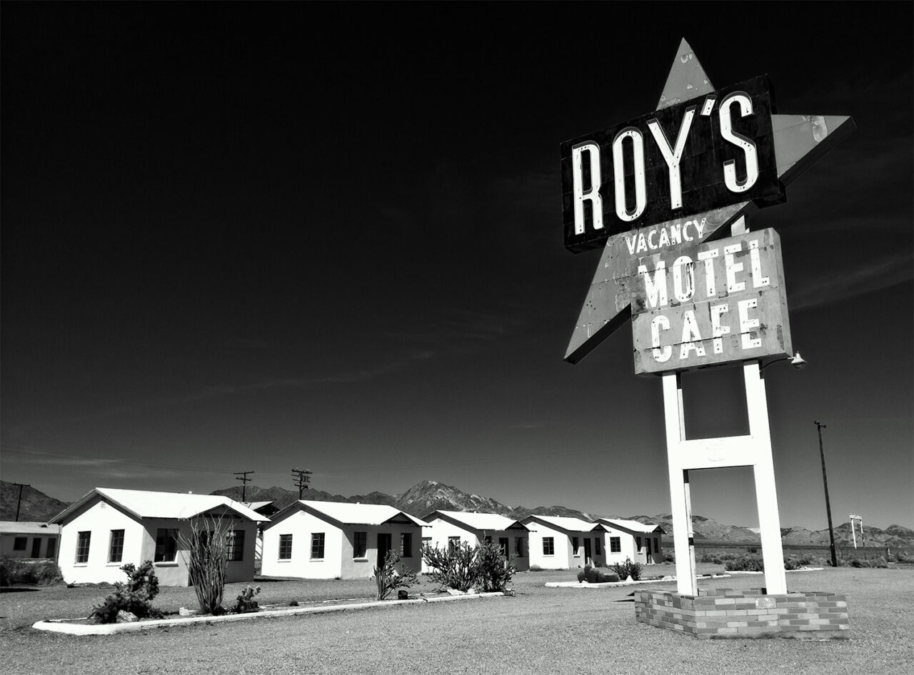 black and white photo of Roy's Motel Cafe in Amboy, California
